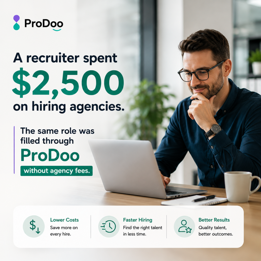 A Recruiter Spent $2,500 on Hiring Agencies. The Same Role Was Filled Through ProDoo Without Agency Fees. A Recruiter Spent $2,500 on Hiring Agencies. The Same Role Was Filled Through ProDoo Without Agency Fees.