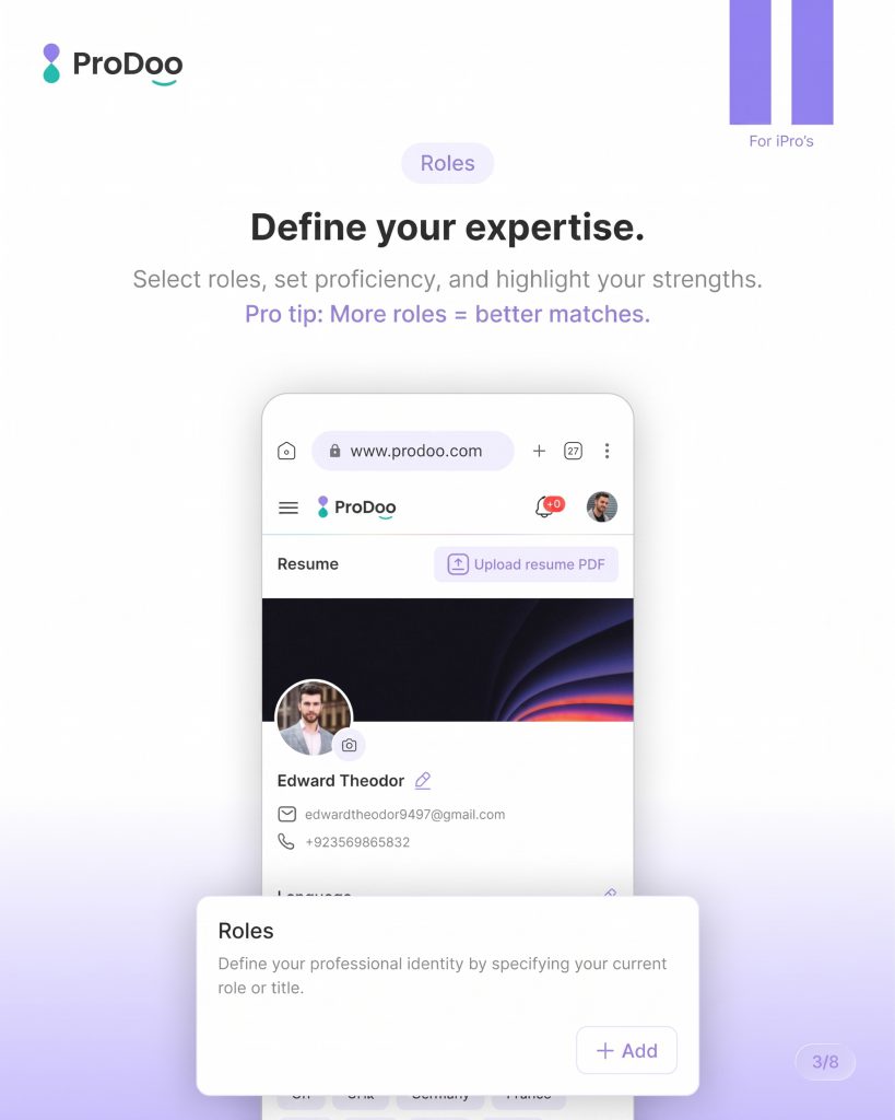 An instructional slide titled "Define your expertise" with a ProDoo logo at the top left and a purple badge on the top right indicating "For iPro's". The visual shows a smartphone screen mockup displaying the profile interface for Edward Theodor on the ProDoo platform, highlighting a menu to upload a resume PDF. A prominent floating card at the bottom centers on adding "Roles" to define a user's professional identity.